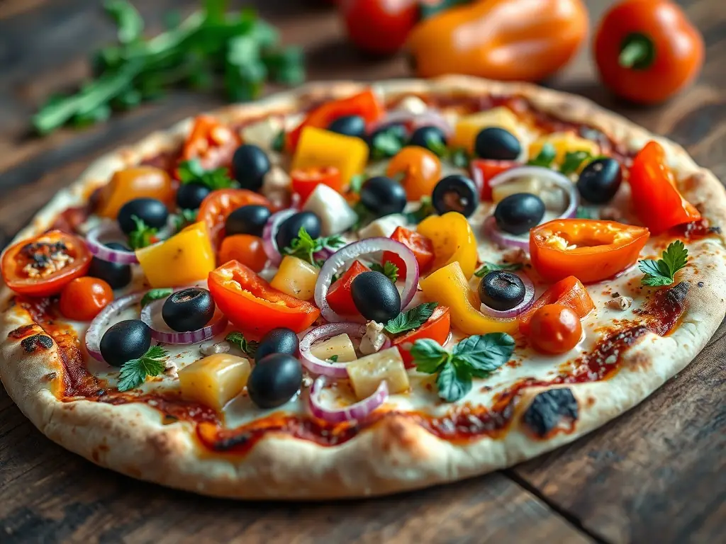 An appetizing photo of a vegetarian pizza with colorful vegetables such as bell peppers, mushrooms, and olives, emphasizing its healthy and flavorful ingredients. The pizza is displayed on a white plate.