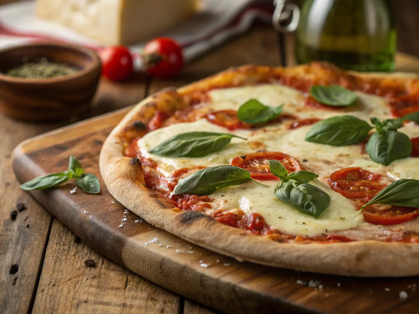 A vibrant, close-up shot of a Margherita pizza with fresh basil leaves and melted mozzarella, showcasing its simplicity and classic appeal. The pizza is on a wooden board, with a rustic background.