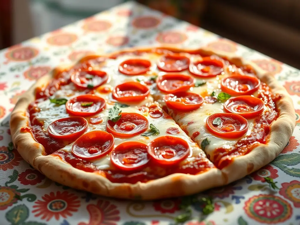 A vibrant image of a pepperoni pizza with generous slices of pepperoni and melted cheese, highlighting its savory and satisfying flavors. The pizza is presented on a checkered tablecloth.