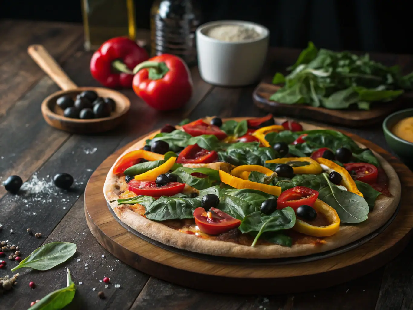 A tempting image of a vegetarian pizza loaded with colorful vegetables like bell peppers, mushrooms, olives, and onions, emphasizing its healthy and flavorful options. The pizza is presented on a white ceramic plate.